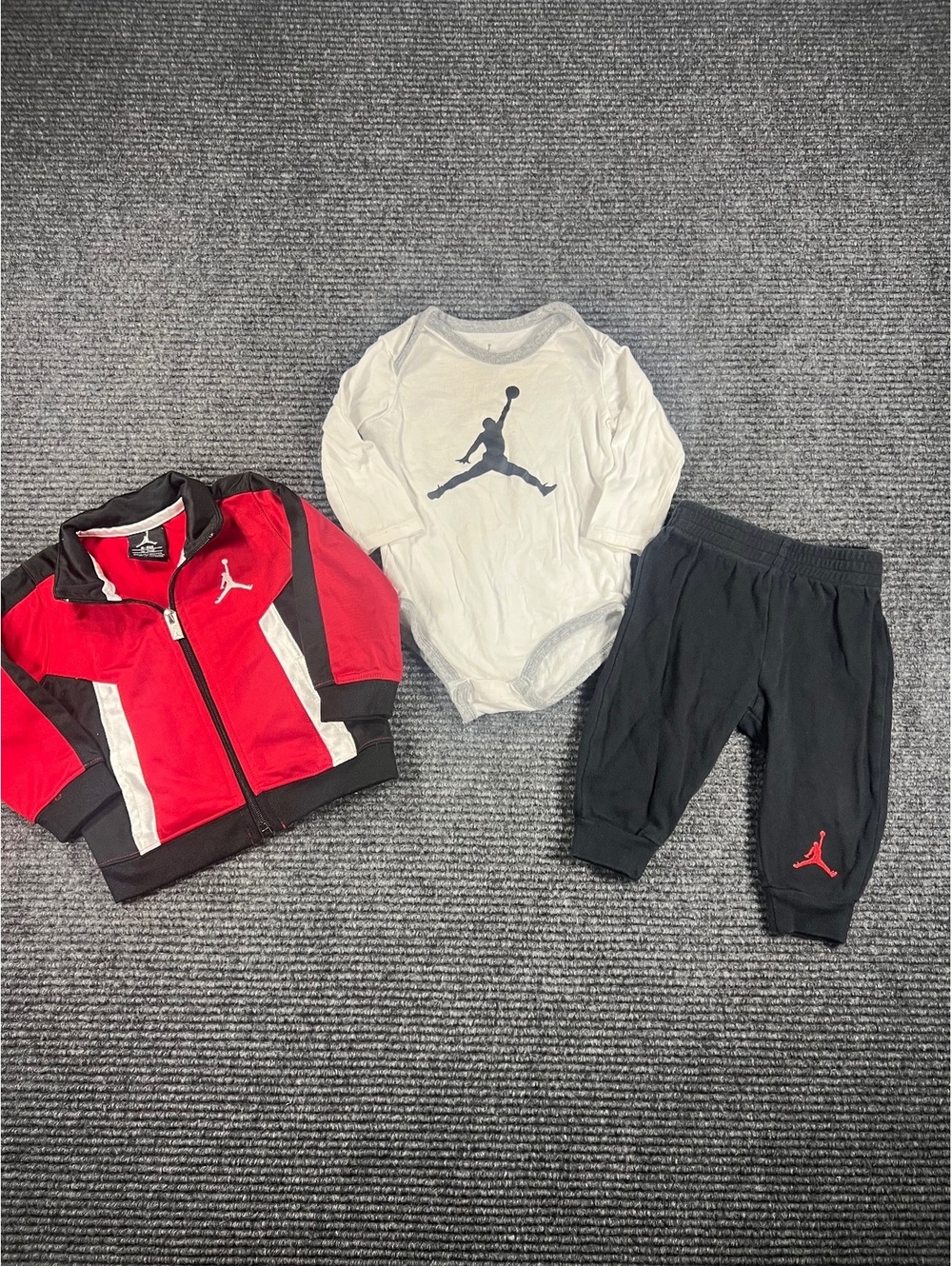 Jordan Baby 3-Piece Set: Red and Black Jacket, White Bodysuit,Black Pants, 6-9M